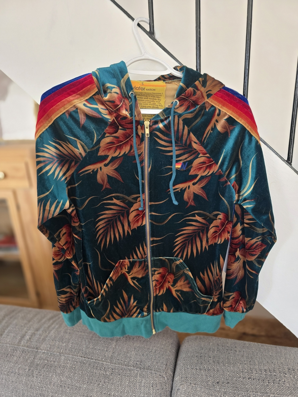 Aviator Nation Teal Floral Velour Zip Hoodie with Rainbow Shoulder Stripes